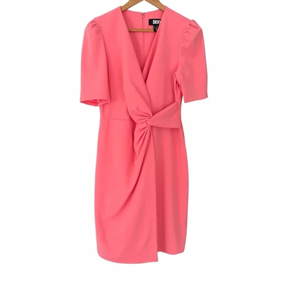 DKNY Blush Coral Pink Faux Wrap Midi Dress Sz 8 - Picture 2 of 8